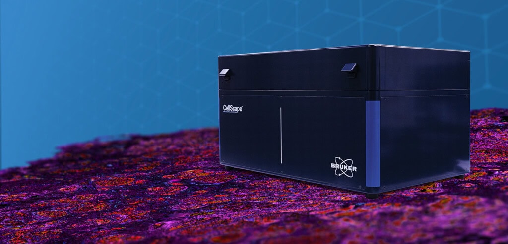 CellScape box floating on a purple and red tissue image, with a blue background.