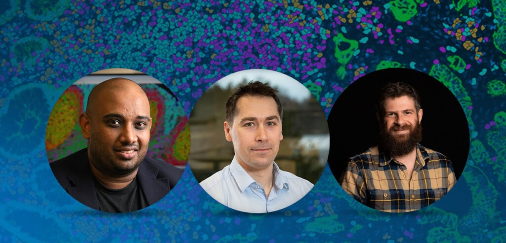 Headshots of 3 scientific speakers, with a CosMx tissue image background.